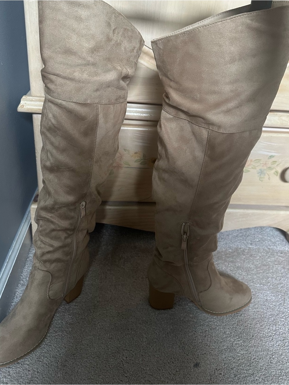 Over-the-Knee Taupe Suede-Look Boots with Block Heel